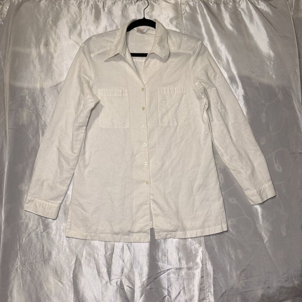 Conrad C Collection Sz 12 White Linen Long Sleeve Button-Down Shirt Sequin/embrd